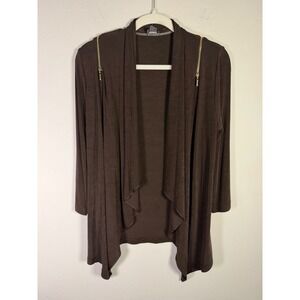 Chicos Travelers Brown Draped Open Front Cardigan Zipper Shoulder Size 1 M Mens